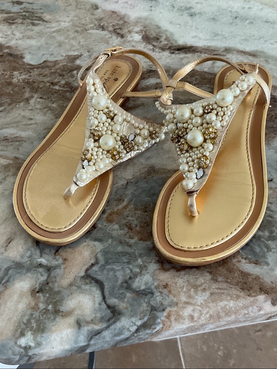 kate spade Shoes - Kate Spade sandals, gold, embellished, right shoe is missing a pearl, size 8.5